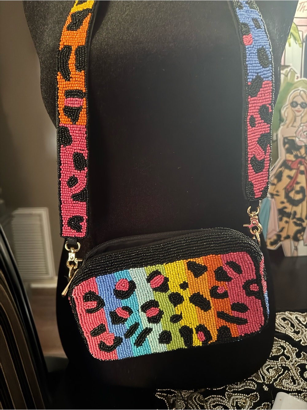 Cache Rainbow Leopard Beaded Shoulder Bag - Pink Blue Green Yellow Orange Black - Picture 2 of 4